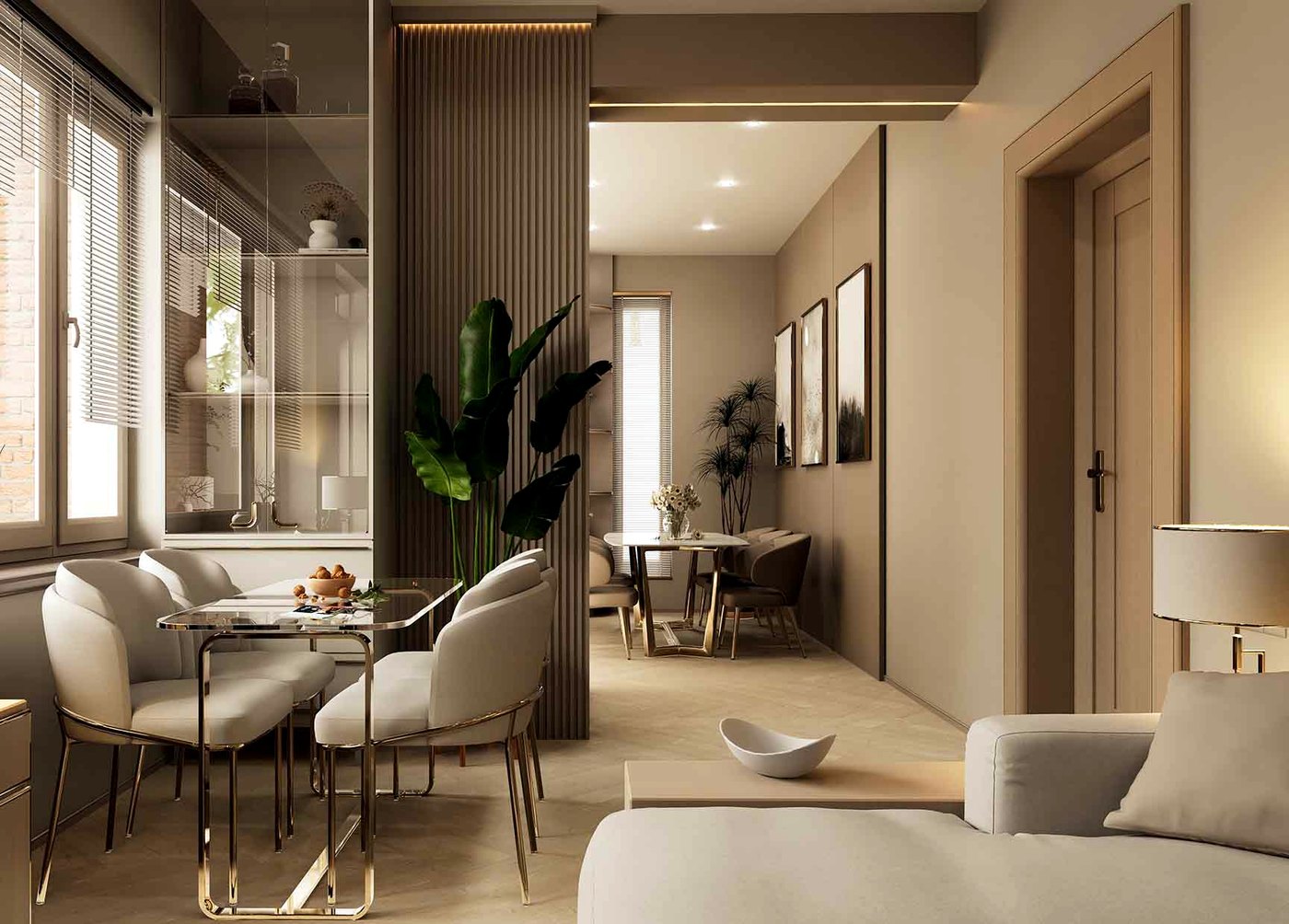 A long room in warm neutrals with a glass dining table, a slatted screen and a doorway beyond